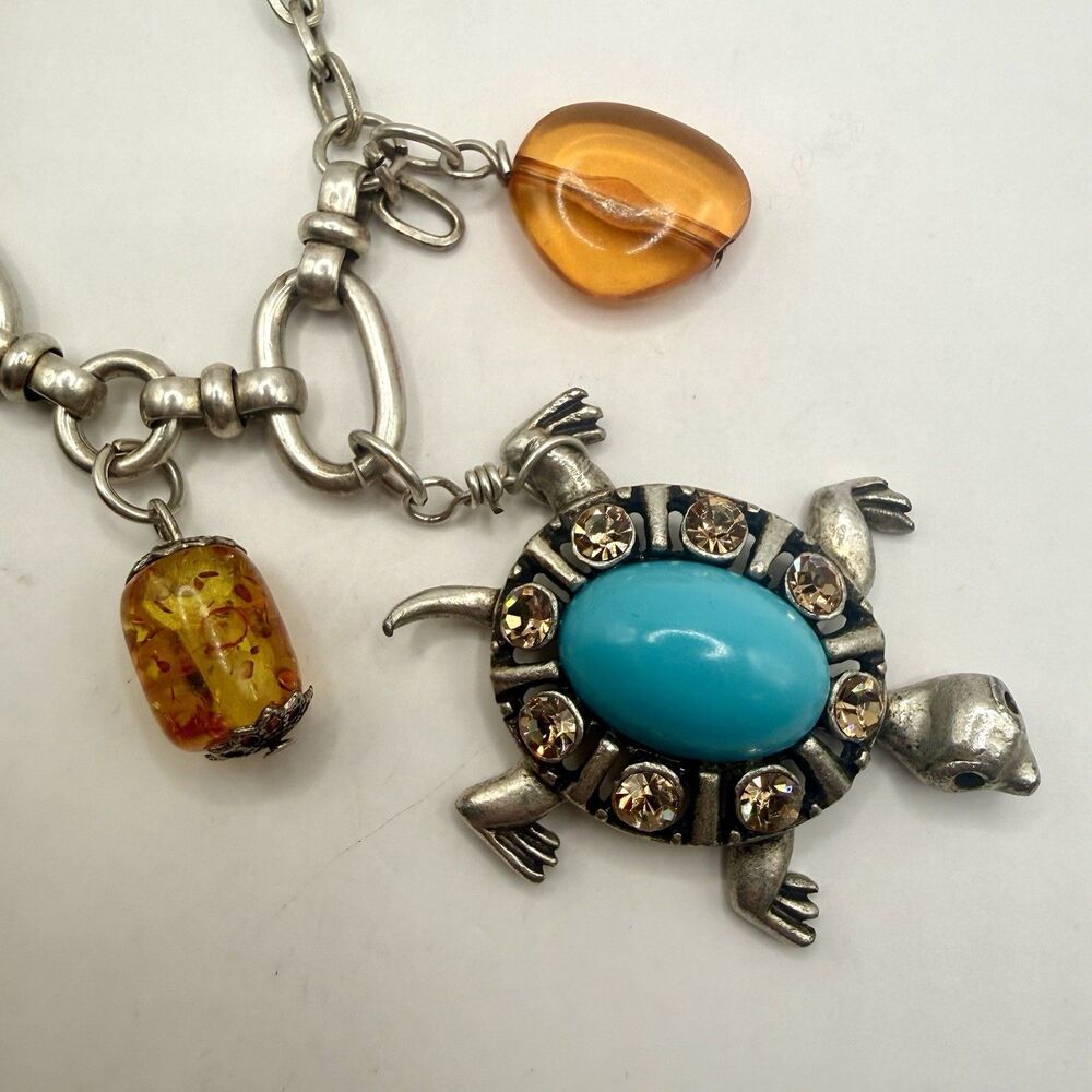 Vintage 925 Sterling Silver Mixed Charm Bracelet Turquoise Amber Frog Turtle 70g - Picture 6 of 14